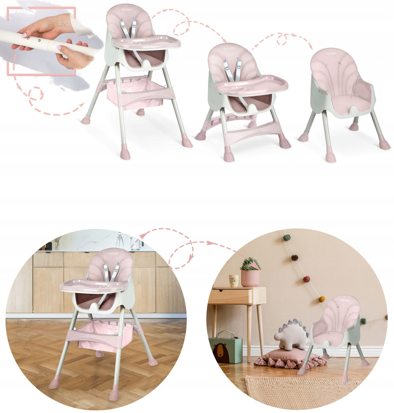 Scaun de masă multifuncțional și reglabil pentru bebeluși,Roz – Design modern și confort maxim!