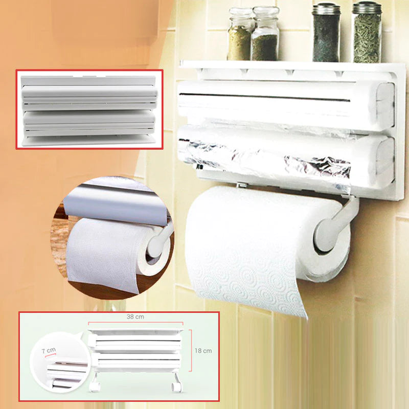 Triplu dispenser bucatarie: rola hartie prosop, folie aluminiu si folie alimentara