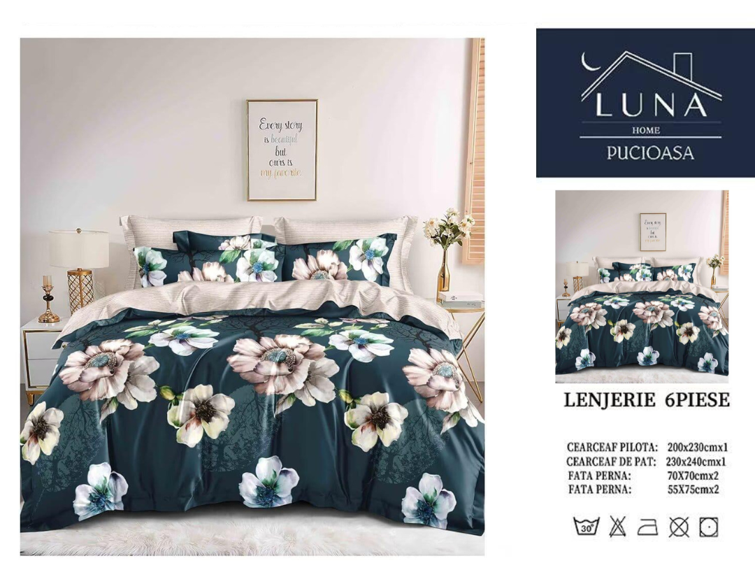 Set Lenjerie de Pat 6 Piese Luna Home Pucioasa – Model Floral Elegant