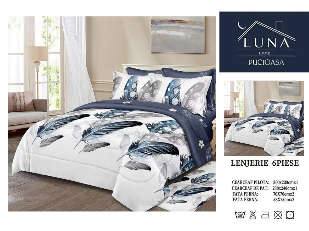 Set Lenjerie de Pat 6 Piese Luna Home Pucioasa – Model Pene Albastre