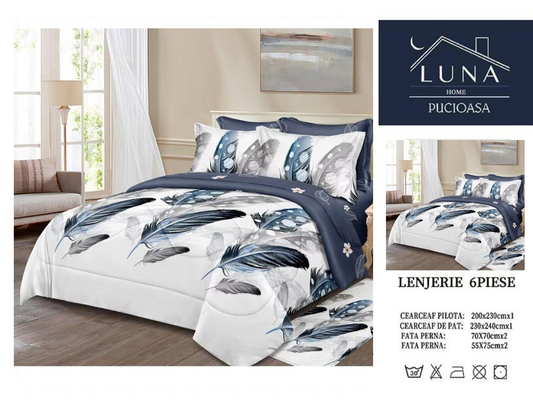 Set Lenjerie de Pat 6 Piese Luna Home Pucioasa – Model Pene Albastre
