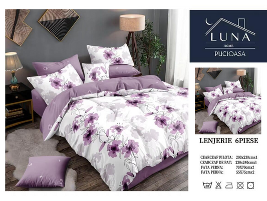 Set Lenjerie de Pat 6 Piese Luna Home Pucioasa – Model Floral Mov