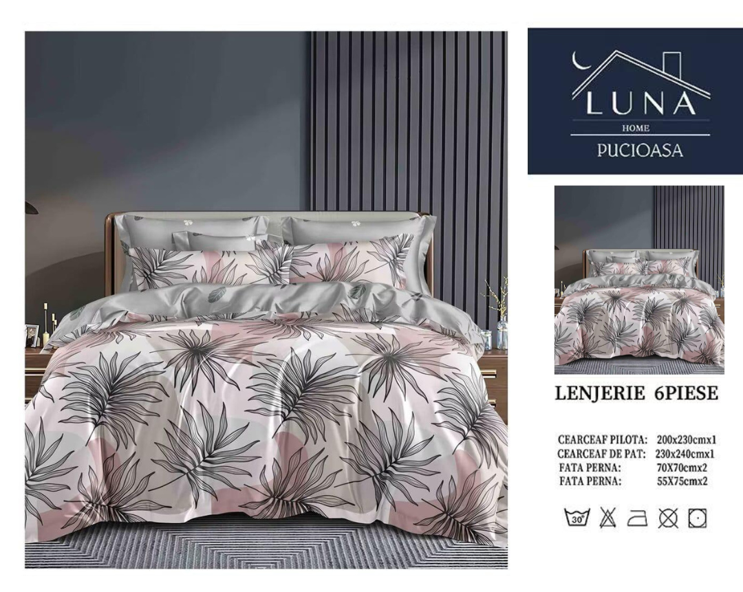 Set Lenjerie de Pat 6 Piese Luna Home Pucioasa – Model Frunze Elegante