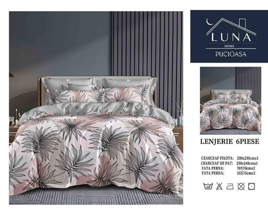 Set Lenjerie de Pat 6 Piese Luna Home Pucioasa – Model Frunze Elegante