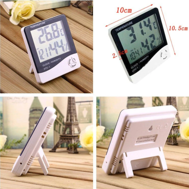 Termometru si Higrometru Digital de Camera HTC1, Design Slim, Ceas, Functie Min / Max, Baterie Inclusa AAA ,Suport Stand, Slim, Alb