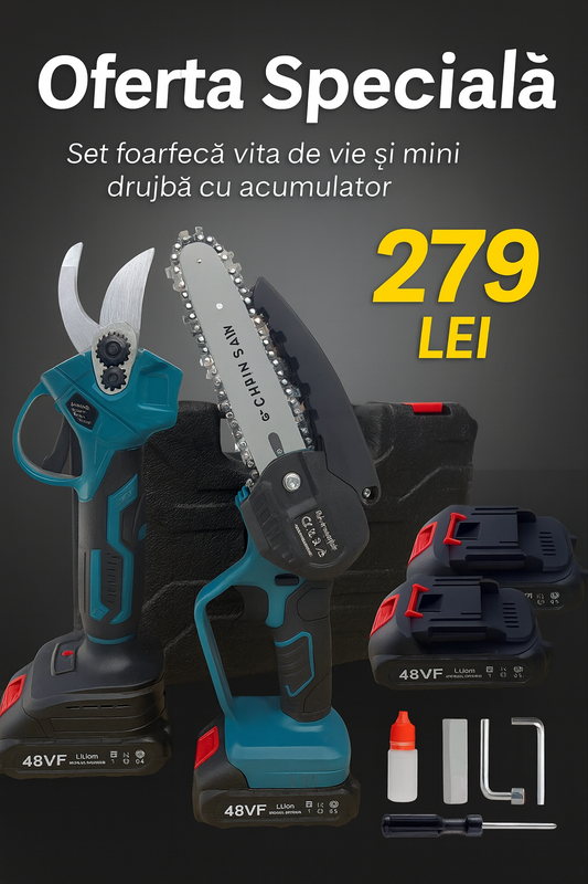 Set Foarfecă Vită de Vie și Mini Drujbă cu Acumulator – 48VF, 2 Acumulatori, 1 Încărcător, Accesorii Incluse