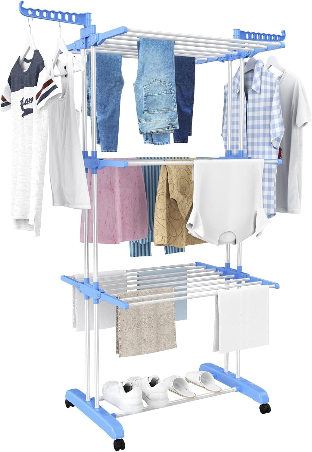 Uscător rufe vertical pliabil, 170 cm, 3 nivele, 4 rafturi, cu roți
