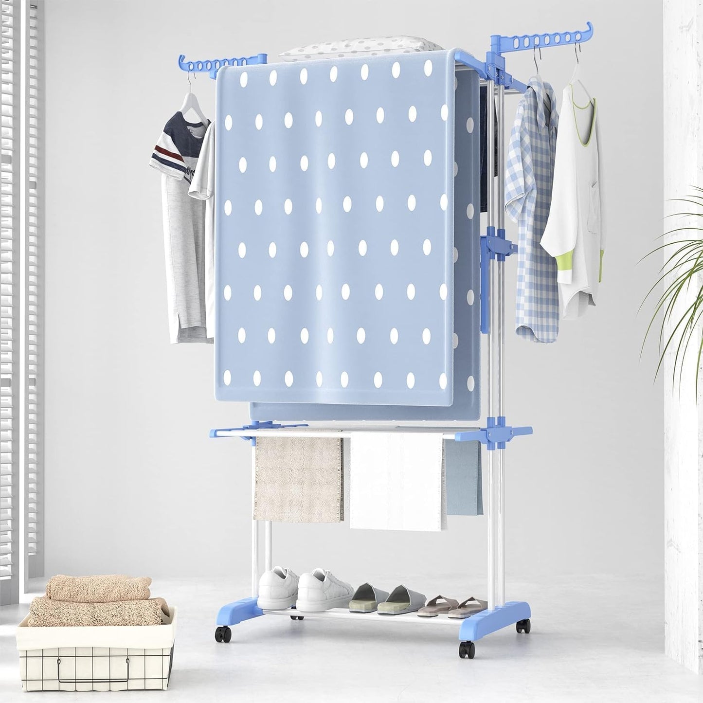 Uscător rufe vertical pliabil, 170 cm, 3 nivele, 4 rafturi, cu roți