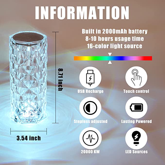 Lampa ambientala Cristal LED, Crystal Diamond RGB 16 culori, control Touch, acumulator 1500mah - 12 ore de utilizare, incarcare USB-C