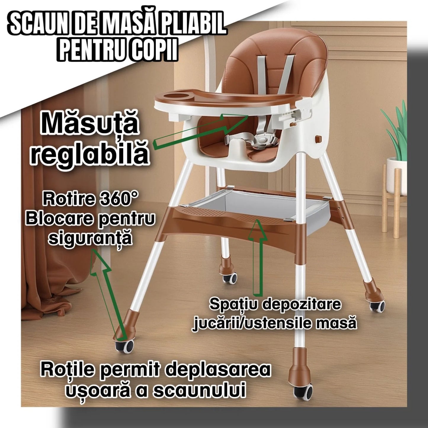 Scaun de masă 2 in 1 multifuncțional pentru bebeluși, Maro
