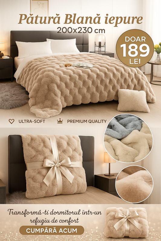 Pătură Blană Iepure Bej – Ultra Soft & Premium Quality (200x230 cm)