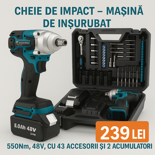Cheie de Impact – Mașină de Înșurubat 550Nm, 48V, cu 43 Accesorii și 2 Acumulatori