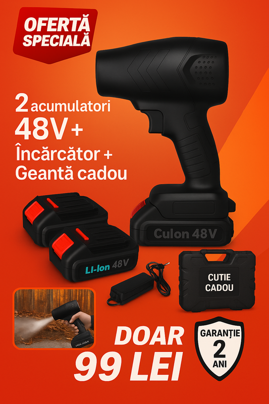 Suflantă Electrică Portabilă 48V cu 2 Acumulatoare – Ideală pentru Curățenie Rapidă și Eficientă!