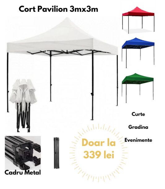Cort Pavilion 3x3m Pliabil Cadru Metal pentru Curte, Gradina, Evenimente
