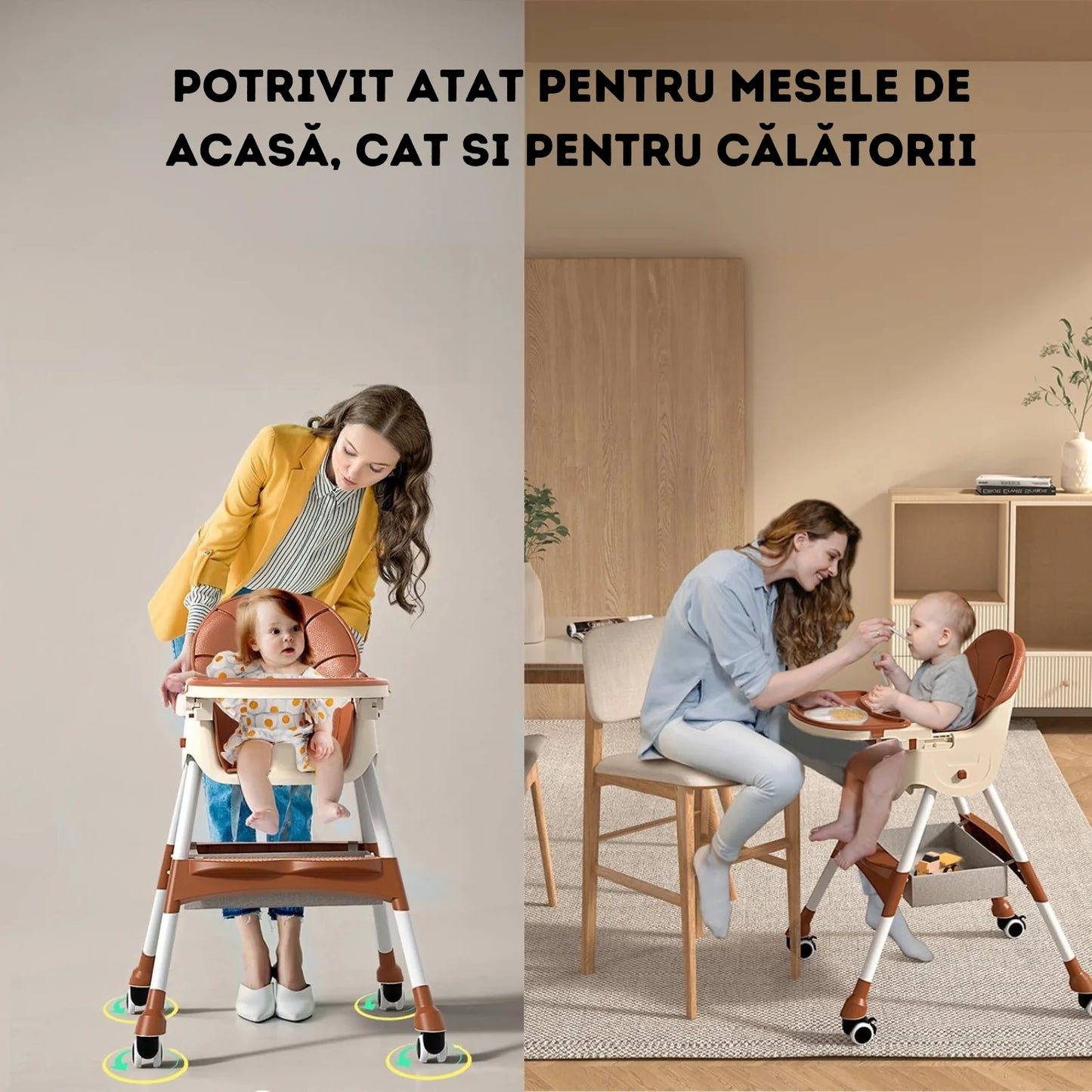 Scaun de masă 2 in 1 multifuncțional pentru bebeluși, Maro