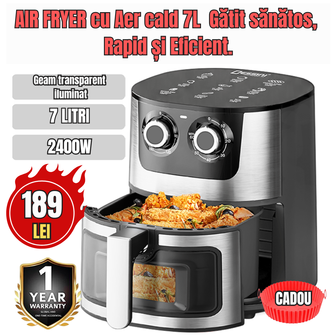 Friteuză cu aer cald 7L, gătit sănătos și eficient + Tava Silicon