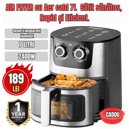 Friteuză cu aer cald 7L, gătit sănătos și eficient + Tava Silicon
