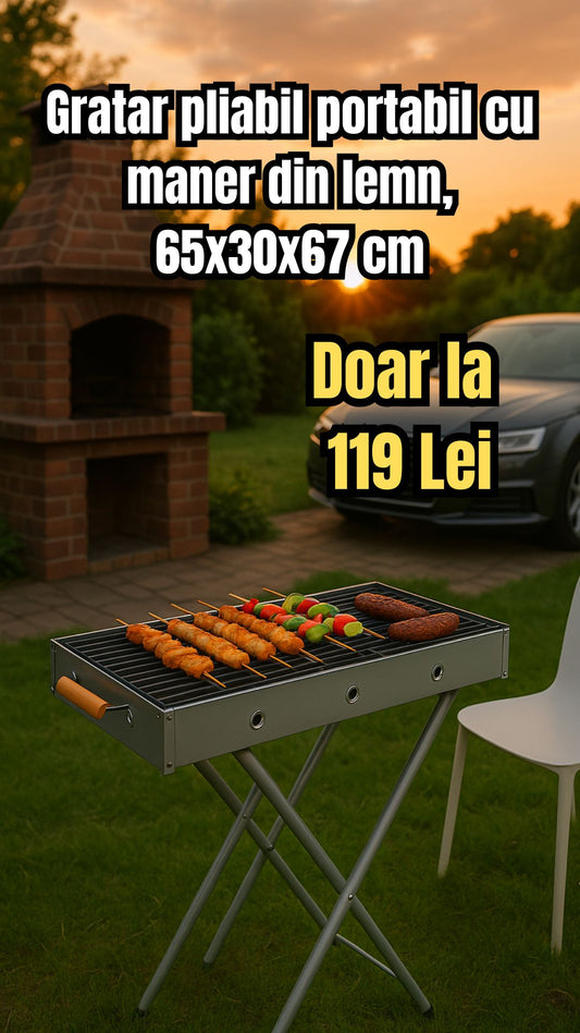 Grătar Pliabil Portabil cu Mâner din Lemn – 65x30x67 cm