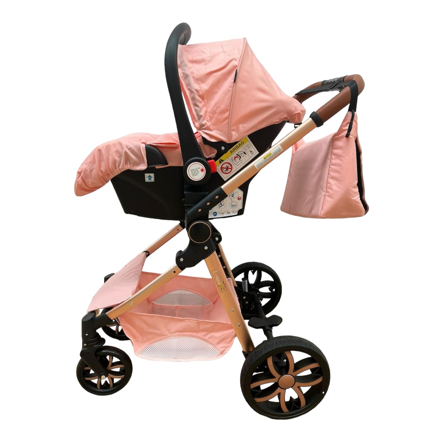 Carucior model 3 in 1 , cu inchidere super compacta si accesorii, culoare ROZ