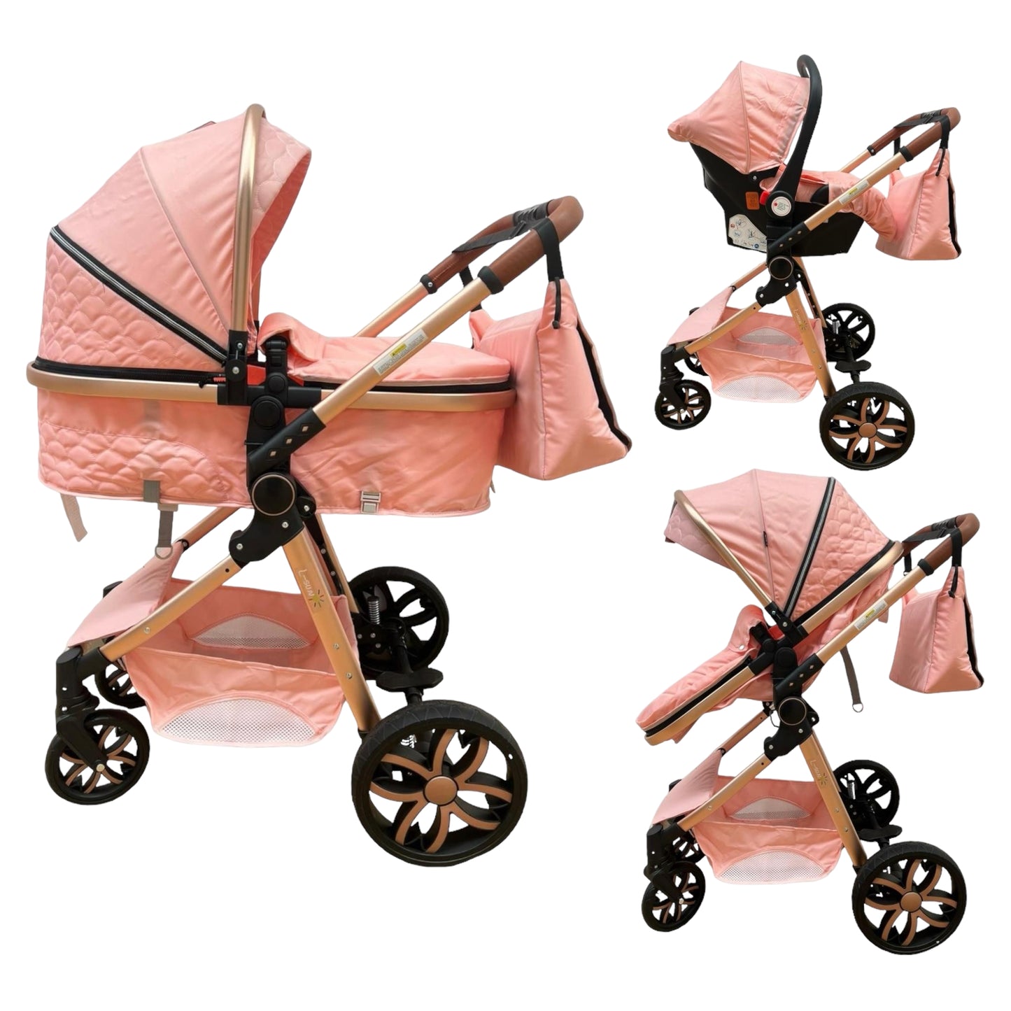 Carucior model 3 in 1 , cu inchidere super compacta si accesorii, culoare ROZ