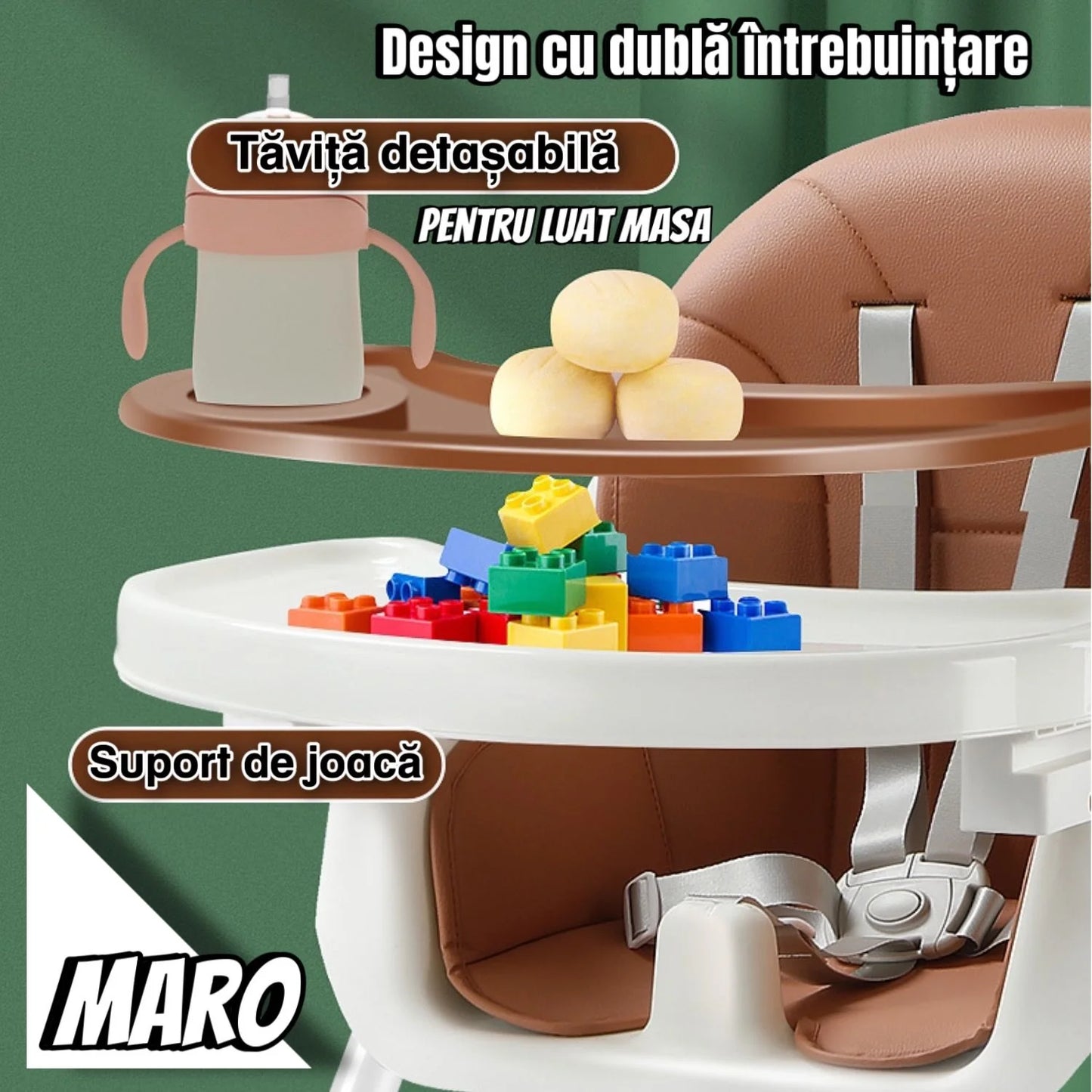 Scaun de masă 2 in 1 multifuncțional pentru bebeluși, Maro