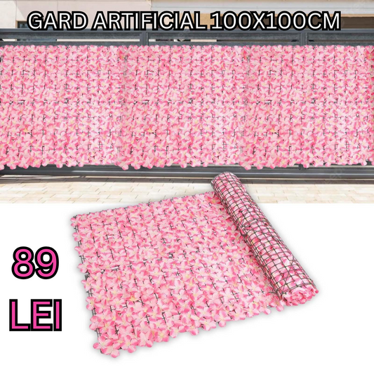Gard Artificial cu Flori Roz - 100x100 cm
