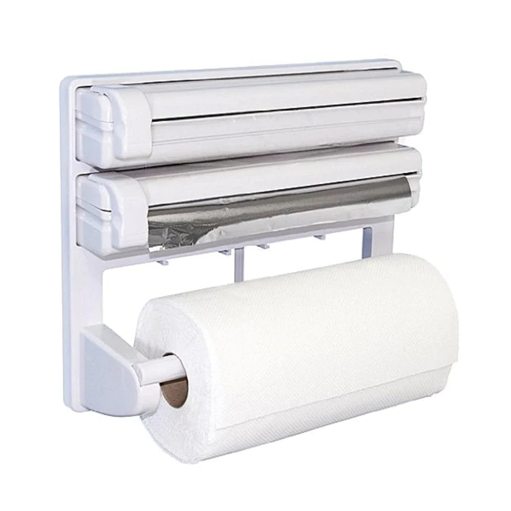 Triplu dispenser bucatarie: rola hartie prosop, folie aluminiu si folie alimentara