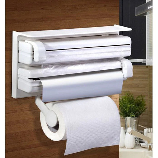 Triplu dispenser bucatarie: rola hartie prosop, folie aluminiu si folie alimentara