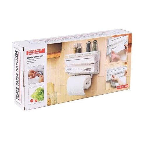 Triplu dispenser bucatarie: rola hartie prosop, folie aluminiu si folie alimentara