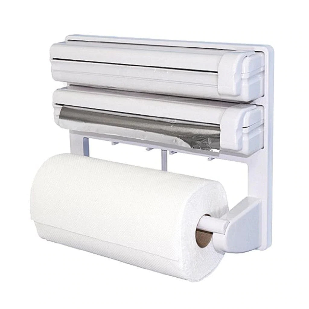 Triplu dispenser bucatarie: rola hartie prosop, folie aluminiu si folie alimentara