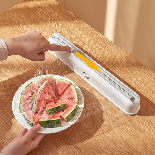 Dispenser folie alimentara stretch, cu ventuze si dispozitiv de taiere