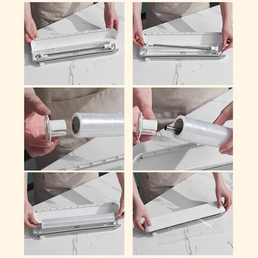 Dispenser folie alimentara stretch, cu ventuze si dispozitiv de taiere