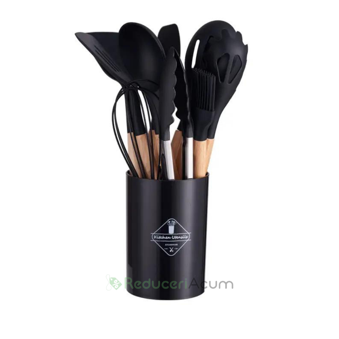 Set ustensile bucatarie 12 piese Lemn si Silicon alimentar Termorezistente Antiaderente Suport Blat negru