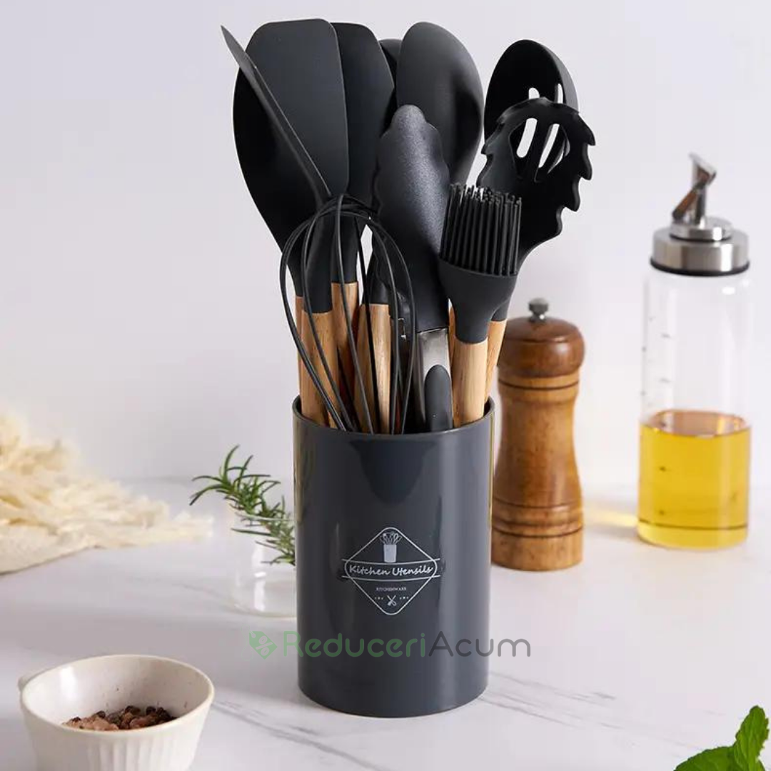 Set ustensile bucatarie 12 piese Lemn si Silicon alimentar Termorezistente Antiaderente Suport Blat negru