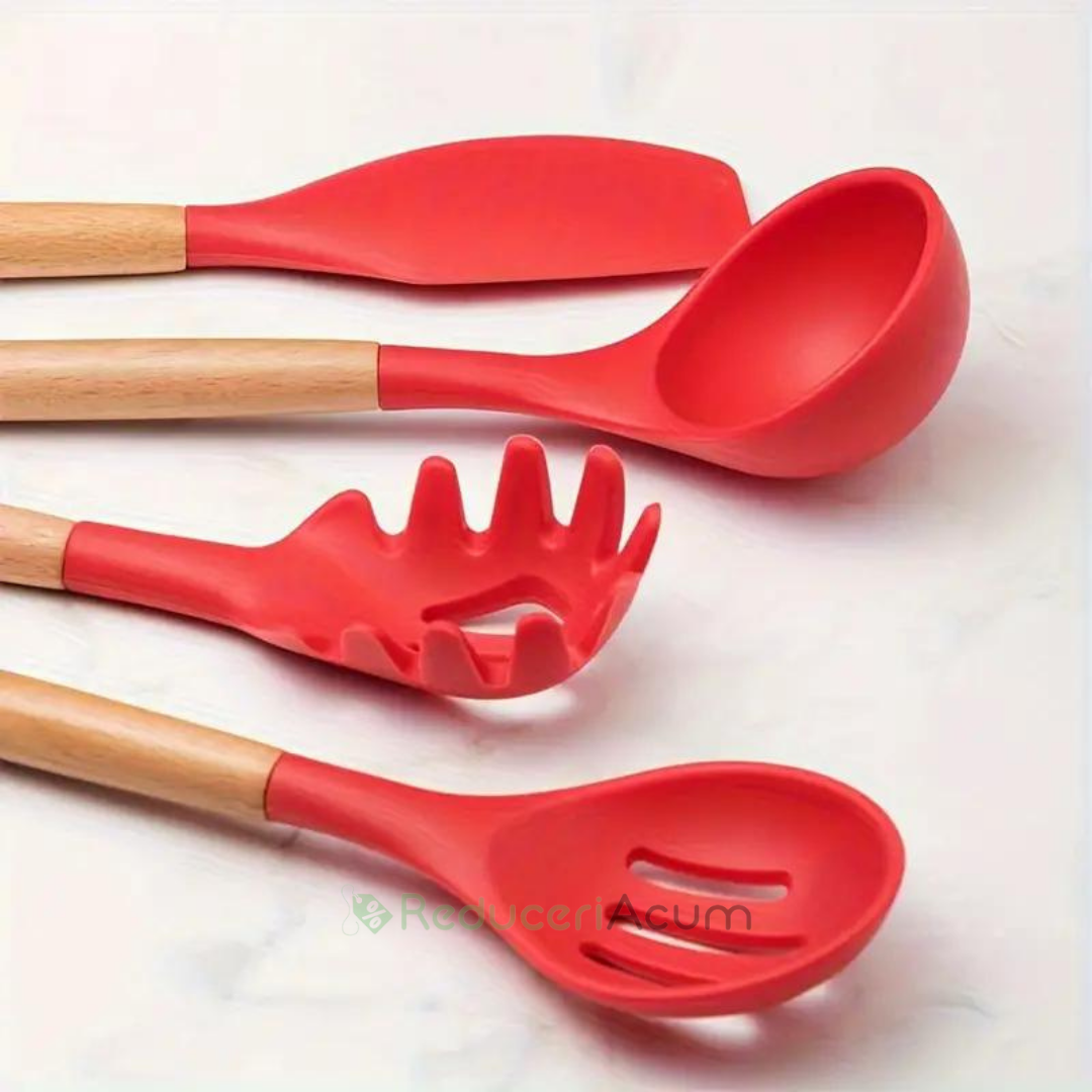 Set ustensile bucatarie 12 piese Lemn si Silicon alimentar Termorezistente Antiaderente Suport Blat Rosu