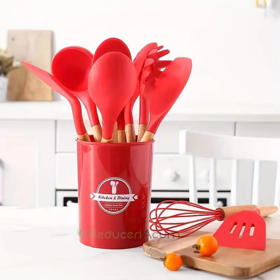Set ustensile bucatarie 12 piese Lemn si Silicon alimentar Termorezistente Antiaderente Suport Blat Rosu