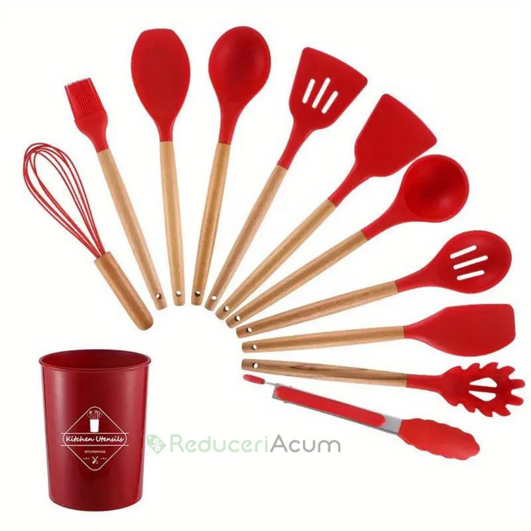 Set ustensile bucatarie 12 piese Lemn si Silicon alimentar Termorezistente Antiaderente Suport Blat Rosu