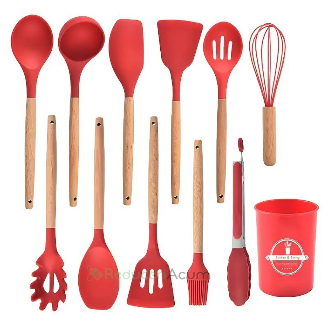 Set ustensile bucatarie 12 piese Lemn si Silicon alimentar Termorezistente Antiaderente Suport Blat Rosu