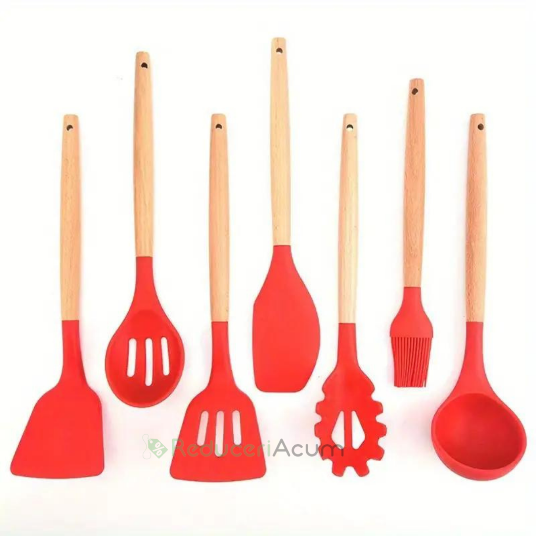 Set ustensile bucatarie 12 piese Lemn si Silicon alimentar Termorezistente Antiaderente Suport Blat Rosu