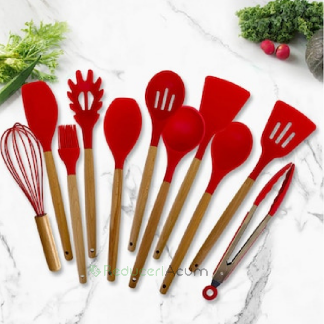Set ustensile bucatarie 12 piese Lemn si Silicon alimentar Termorezistente Antiaderente Suport Blat Rosu