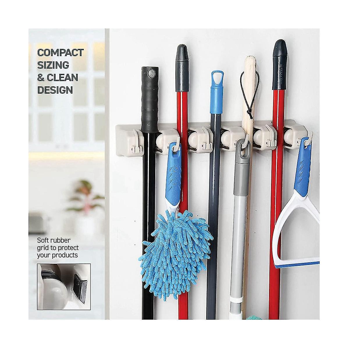 Suport de perete pentru maturi si mopuri Broom Holder, 4 spatii si 5 carlige