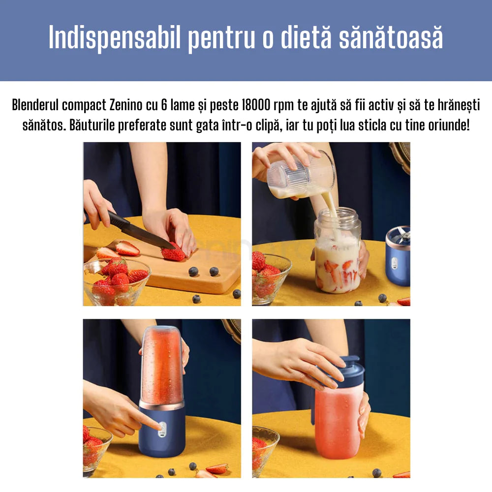 Mini Blender Portabil, 6 Lame, 400 ml, 2 Pahare, Incarcare USB, 18650 RPM, Bleumarin
