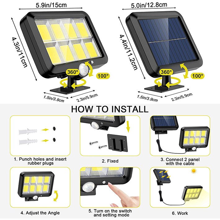 Set 5 Lampa solara + CADOU LANTERA - LED, cu panou solar, 128 - 6 COB, de exterior, senzor de miscare, telecomanda, Rezistenta la apa