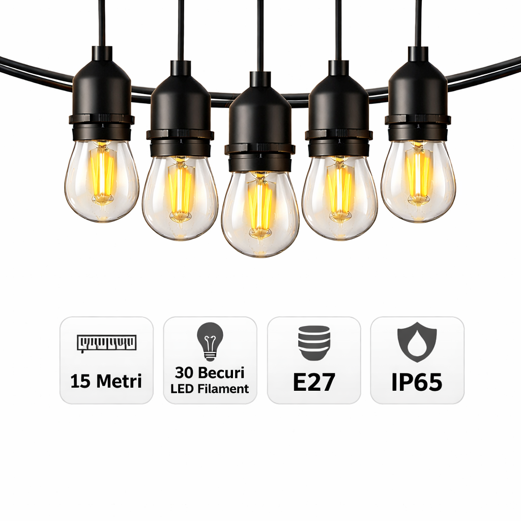 Ghirlandă Luminoasă Exterior 15 Metri – 30 Becuri LED Filament 1W, E27, IP65