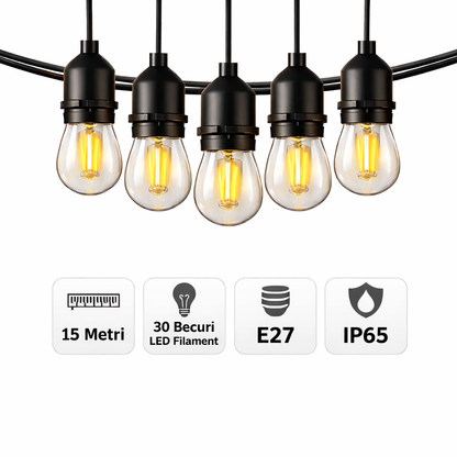 Ghirlandă Luminoasă Exterior 15 Metri – 30 Becuri LED Filament 1W, E27, IP65