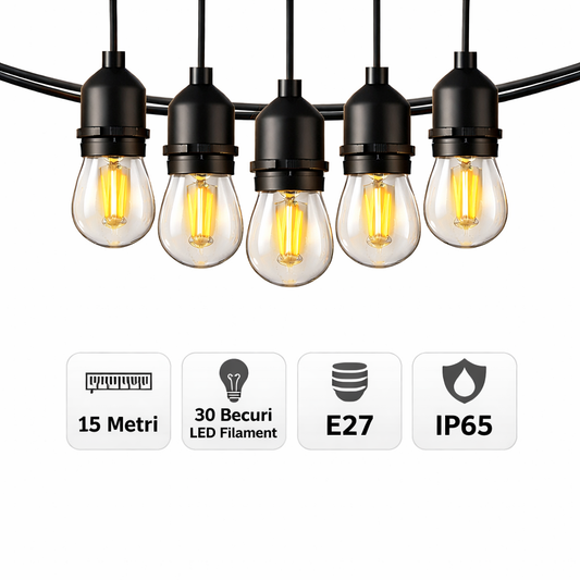 Ghirlandă Luminoasă Exterior 15 Metri – 30 Becuri LED Filament 1W, E27, IP65