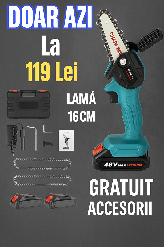 Mini Drujbă cu Lanț – 48V, Lamă 16 cm, 2 Acumulatori