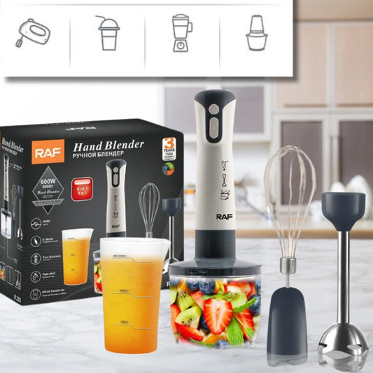 Blender de mana profesional, RAF, 4 in 1, Cana 500ml, Tel, Tocator, putere 600W