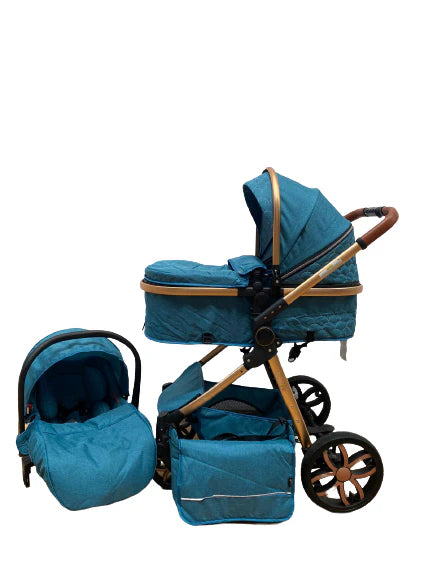 Carucior model 3 in 1 , cu inchidere super compacta si accesorii, culoare Turcoaz