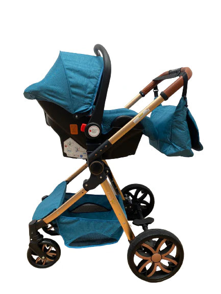 Carucior model 3 in 1 , cu inchidere super compacta si accesorii, culoare Turcoaz